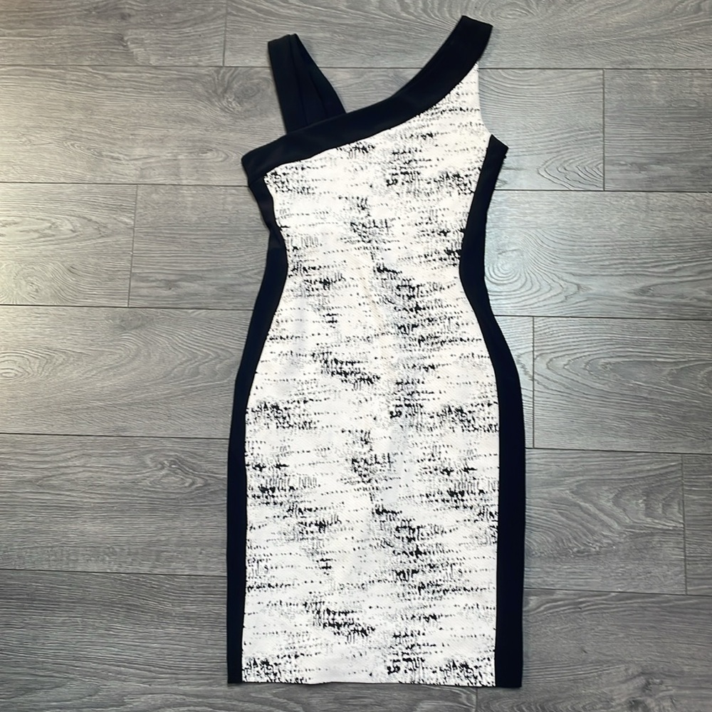 Joseph Ribkoff Women Black White Polyester Blend One Shoulder Bodycon Dress